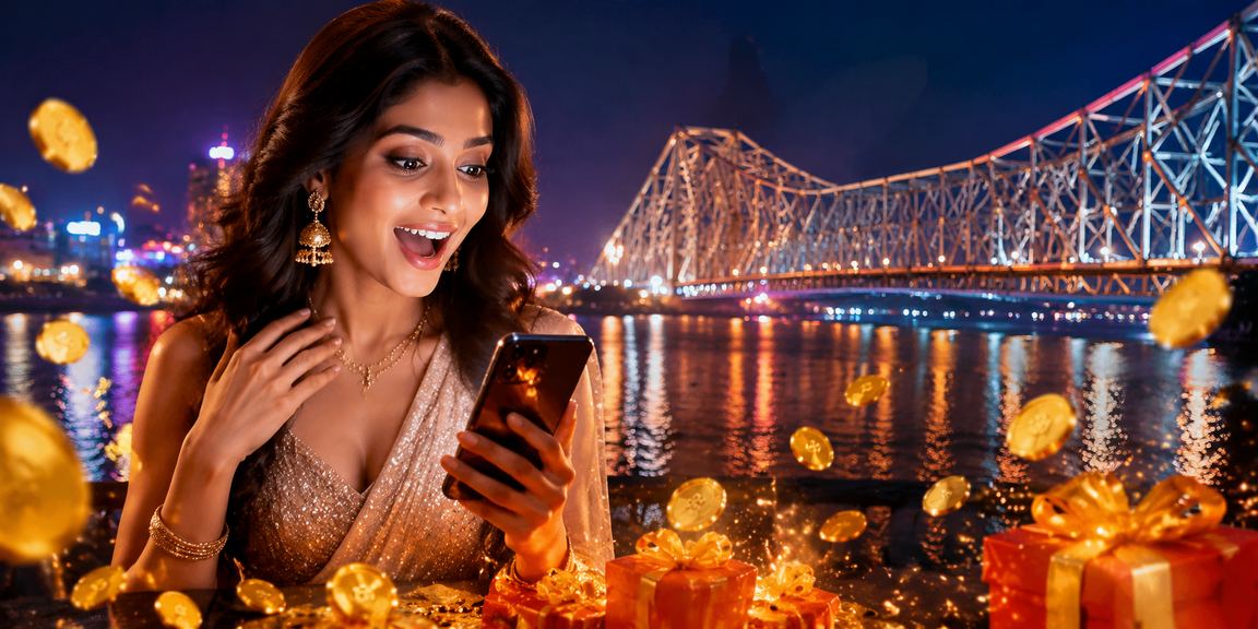 Crowd in Kolkata checking cricket betting odds against Howrah Bridge backdrop